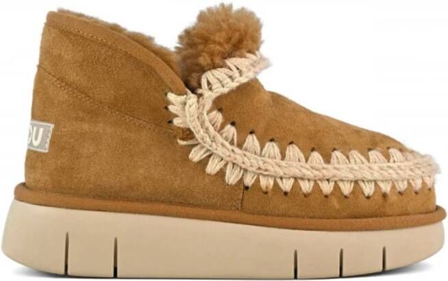 Mou Handgemaakte Schapenvacht Sneaker met Gehaakte Stiksels Brown Dames