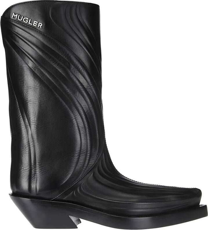 Mugler Puntige Leren Texaanse Laars met Metalen Logo Black Dames