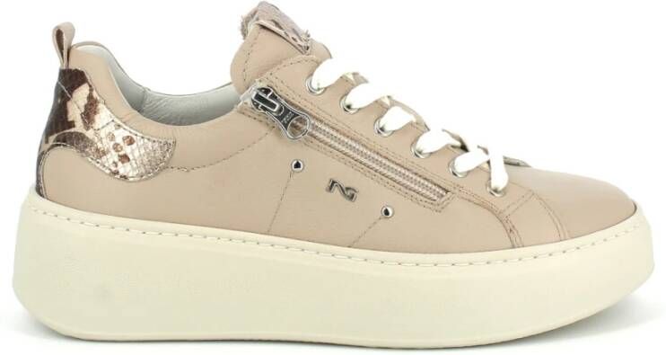 Nerogiardini Leren sneakers met vetersluiting en rits Beige Dames