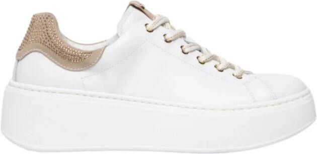 Nerogiardini Beige Leren Sneakers met Gouden Strass White Dames