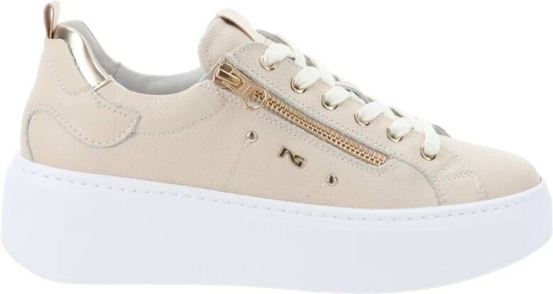 Nerogiardini Leren Sneakers met Veters en Ritssluiting Beige Dames