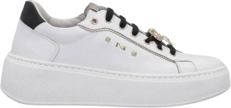 Nerogiardini Witte leren sneaker met platinadetails White Dames