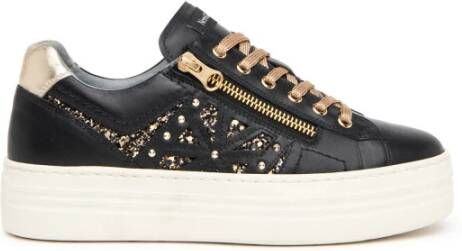 Nerogiardini Zwarte Leren Glitter Sneakers met Rits Black Dames