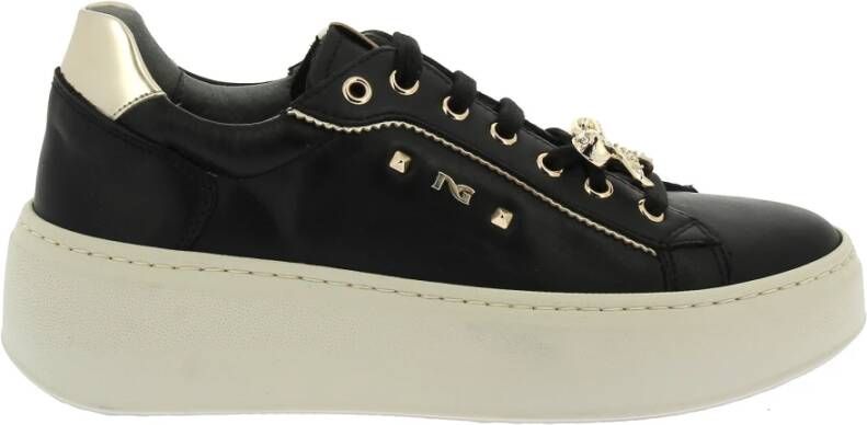 Nerogiardini Zwarte leren sneakers met gouden details Black Dames