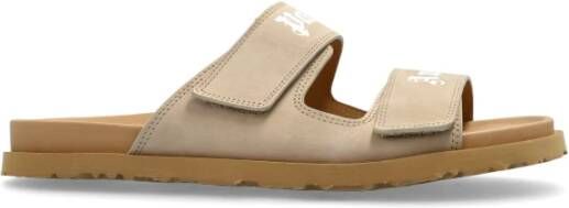 Palm Angels Leren slippers met logo Beige Heren