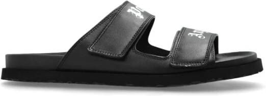 Palm Angels Leren slippers met logo Black Heren