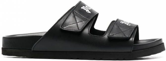 Palm Angels Zwarte Leren Sliders met Dubbele Touch Strap Black