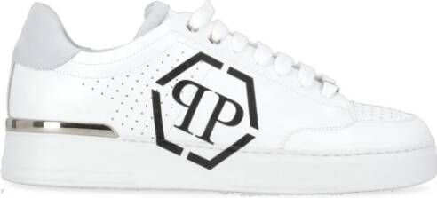 Philipp Plein Witte Leren Sneakers Ronde Neus Logo White Heren