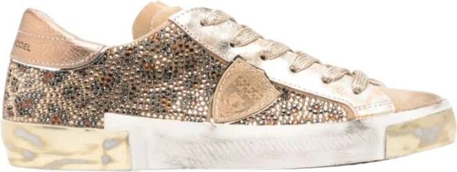 Philippe Model Gouden Gelamineerde Leren Sneakers met Strass Brown Dames