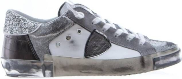 Philippe Model Grijze Sneakers met Vintage Effect en Glitterdetail Grijs Dames