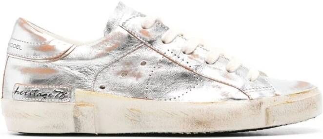 Philippe Model Metallic Finish Distressed Sneakers Gray Dames