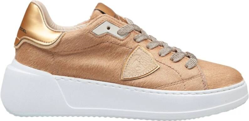 Philippe Model Metallic Pony Skin Sneakers Camel Gold Beige Dames