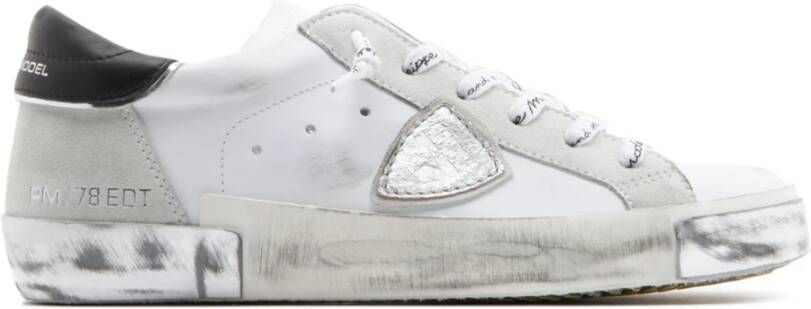 Philippe Model Paris Wit Zilver en Zwart Kalfsleren Lage Sneakers Grijs Dames