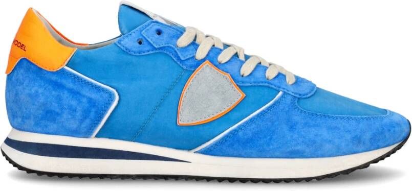 Philippe Model Blauw Oranje Leren Sneakers met Contrast Kraag Blue Heren