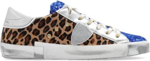 Philippe Model Glitter Lage Sneakers met Zilver Leer en Luipaardprint Blauw Dames