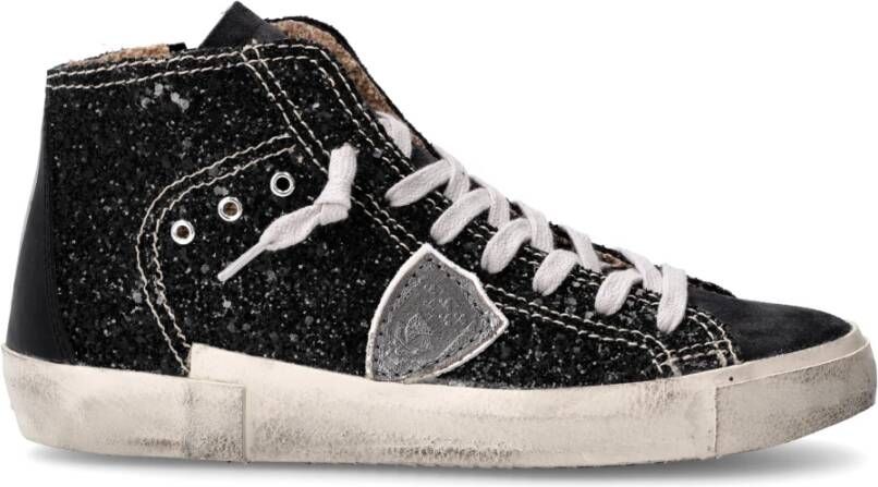 Philippe Model Zwarte Hoge Sneakers Leer Suède Glitter Black Dames