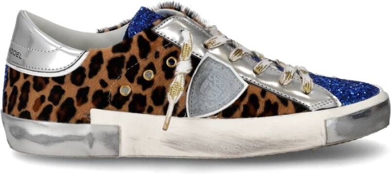 Philippe Model Glitter Lage Sneakers met Zilver Leer en Luipaardprint Blauw Dames