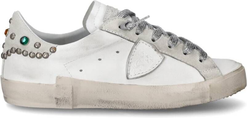 Philippe Model Lage Sneakers Prsx Wit Leer en Suède met Studs en Stenen Beige Dames