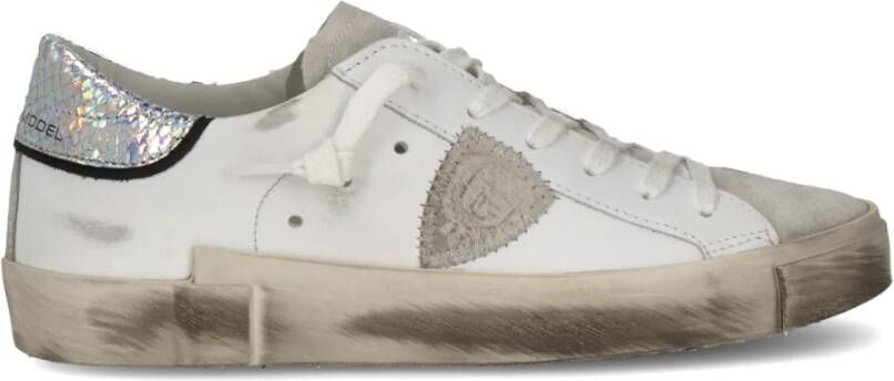 Philippe Model Lage Leren Sneaker met Suede en Glitter Inzetstukken White Dames