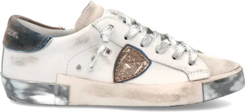 Philippe Model Witte Leren Sneaker met Gebruikte Effectdetails White Dames