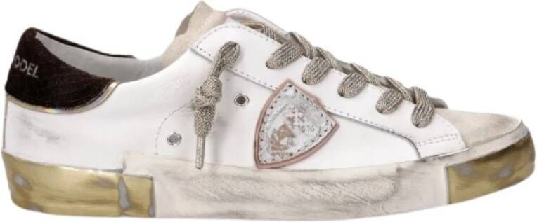 Philippe Model Witte Leren Sneakers met Gouden Accenten Beige Dames