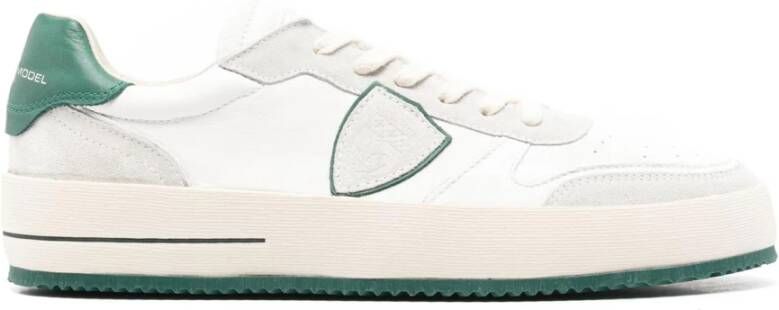 Philippe Model Witte Leren Sneakers Ronde Neus Logo Detail White Heren