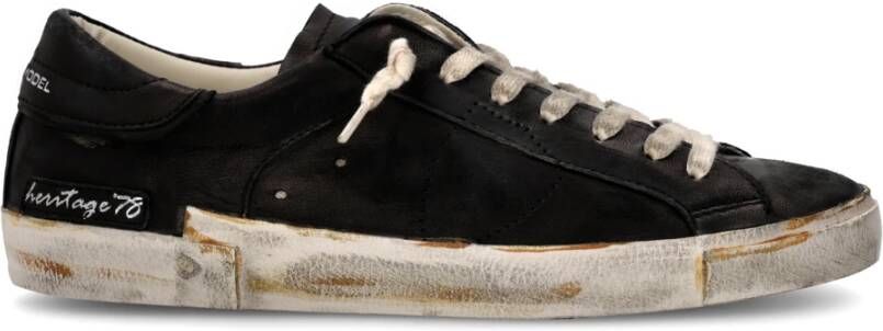 Philippe Model Zwarte Sneakers Distressed Finish Geperforeerde Details Black Heren