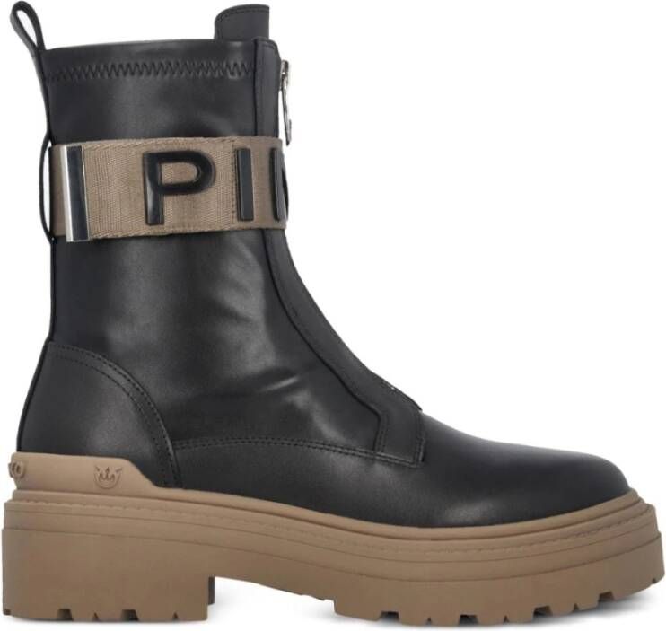 Pinko Zwarte Leren Rits Platte Schoenen Black Dames