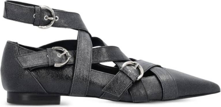 Pinko Zwarte Leren Crossover Strap Platte Schoenen Gray Dames