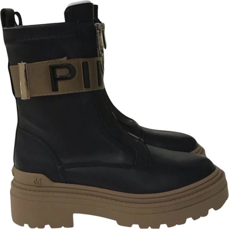 pinko Zwarte Leren Rits Platte Schoenen Black Dames