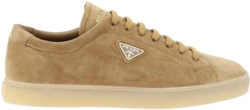 Prada Logo Plaque Suède Sneakers Platte Zool Brown Heren