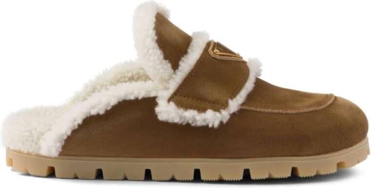 Prada Shearling Trim Slip-On Platte Schoenen Brown Dames