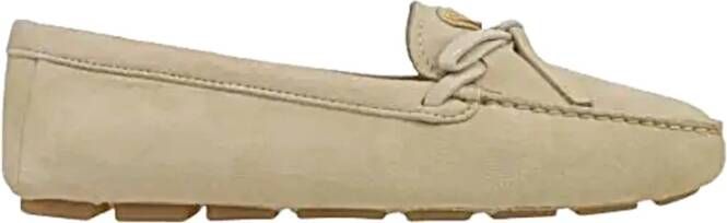 Prada Loafers Enamel Logo Suede Driving Shoes in taupe