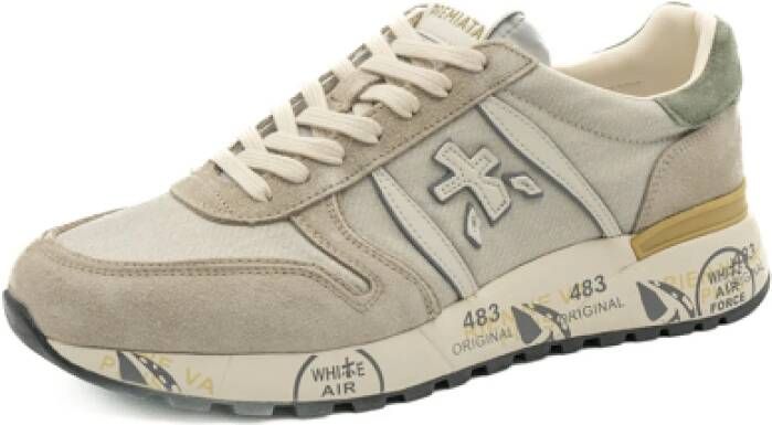 Premiata Logo Sneakers Suède Rubberen Zool Canvas Beige Heren