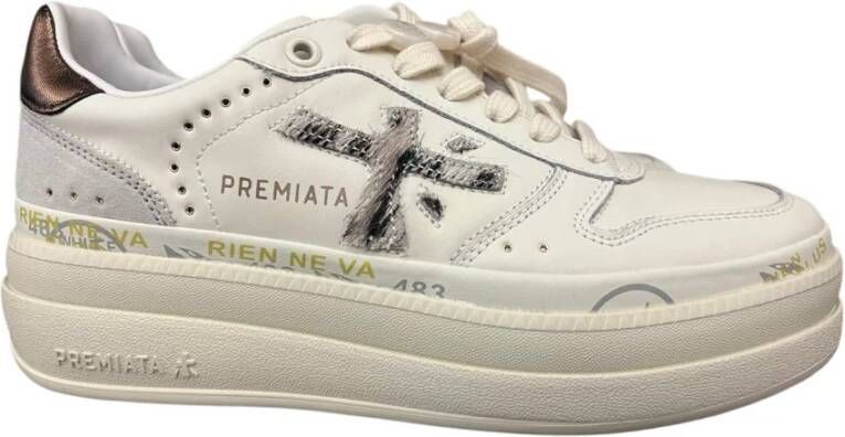 Premiata Witte Leren Sneakers Logo Zijkant Achterkant White Dames