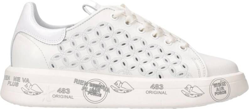 Premiata Witte Leren Veterschoenen met Geborduurde Details White Dames