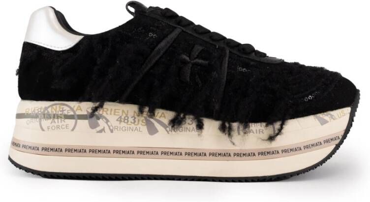 Premiata Zwarte Denim Damessneakers Met Franjes Vetersluiting Black Dames