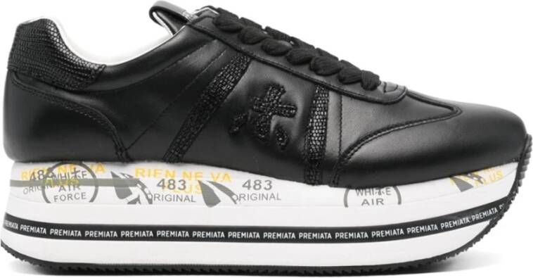 Premiata Zwarte leren platform platte schoenen Black Dames