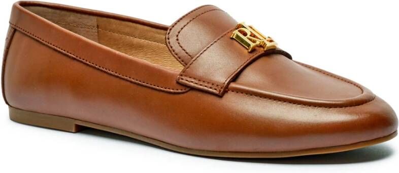 Ralph Lauren Leren Mocassins Logo Voorkant Rubberen Zool Brown Dames