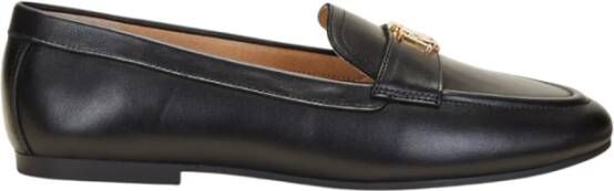 Ralph Lauren Zwarte Leren Platte Schoenen Logo Voorkant Black Dames