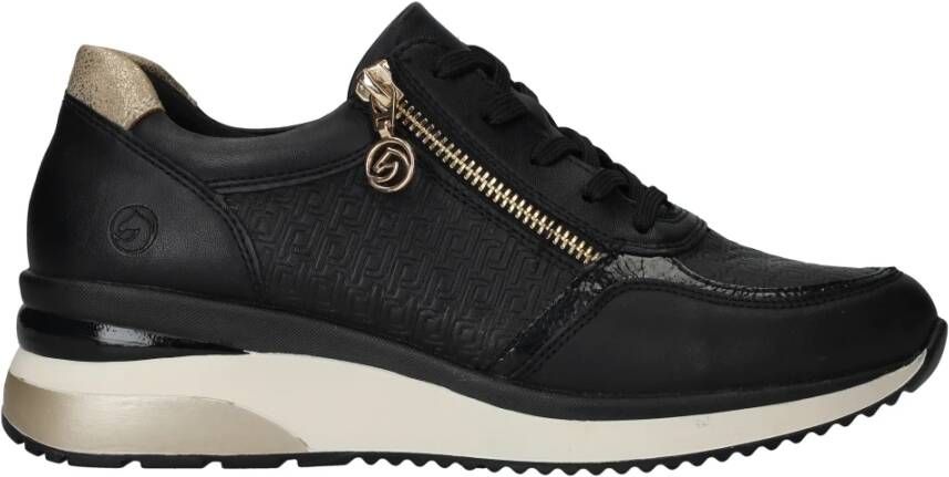 Remonte Lite 'n Soft Zwarte Sneakers met Gouden Details en Dierenprint Black Dames