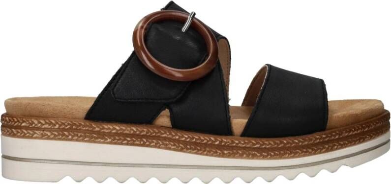 Remonte Zwarte Leren Sleehak Sandalen met Gesp Black Dames