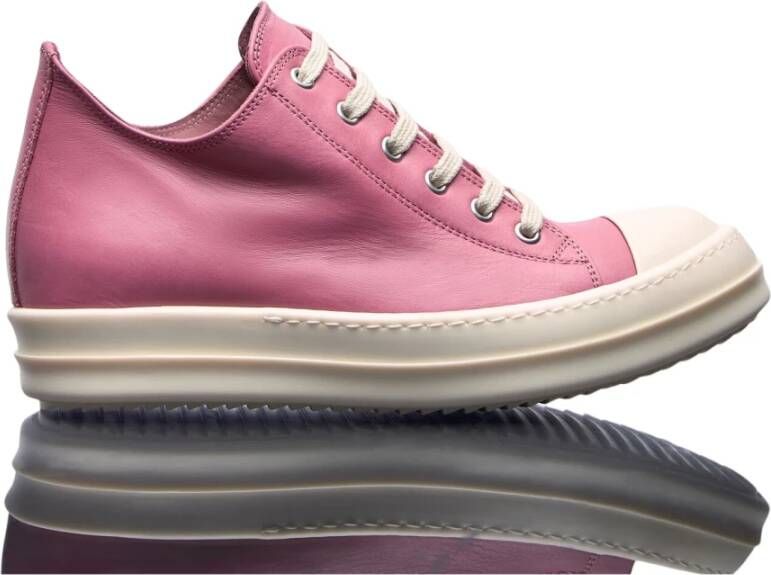 Rick Owens Leren Lage Sneakers Ronde Neus Vetersluiting Pink Dames