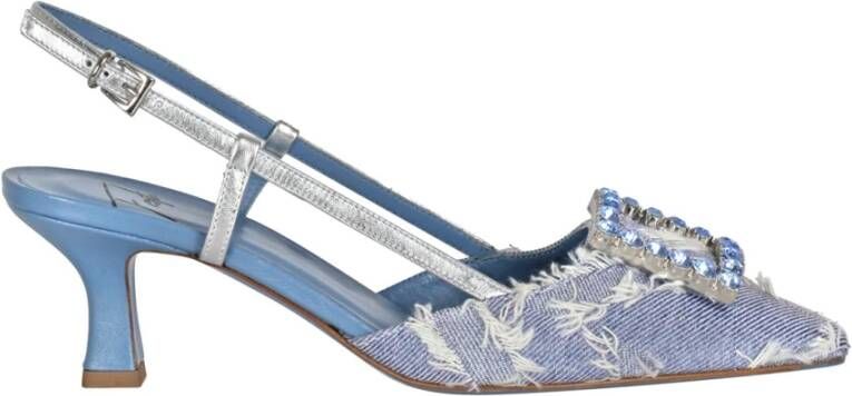 Roberto Festa Denim Slingback met Franjes en Strass Gesp Blue Dames