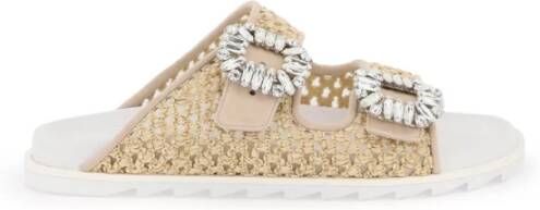 Roger Vivier Mesh en Raffia Slidy Viv' met Strass Gesp Beige Dames