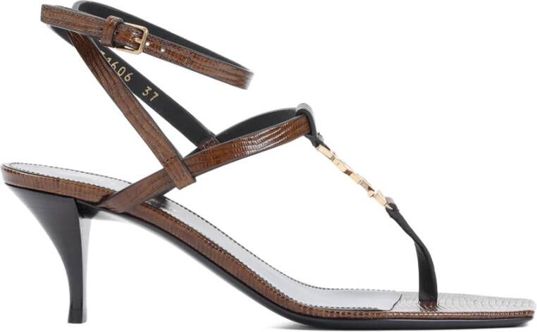 Saint Laurent Bruine leren sandalen met metalen logo Brown Dames