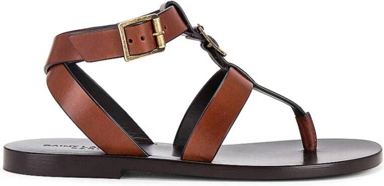 Saint Laurent Hardy Leren Platte Sandalen Brown Dames