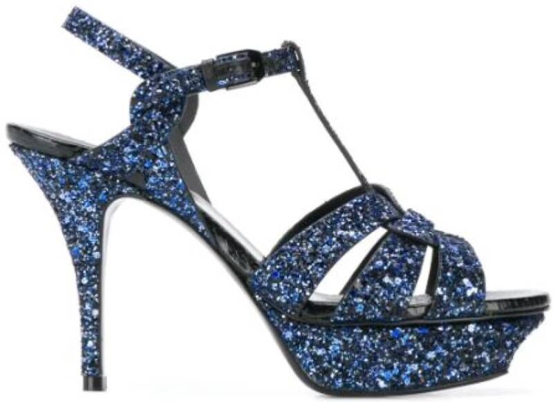 Saint Laurent Hoge Hak Glitter Sandalen Blauw Dames