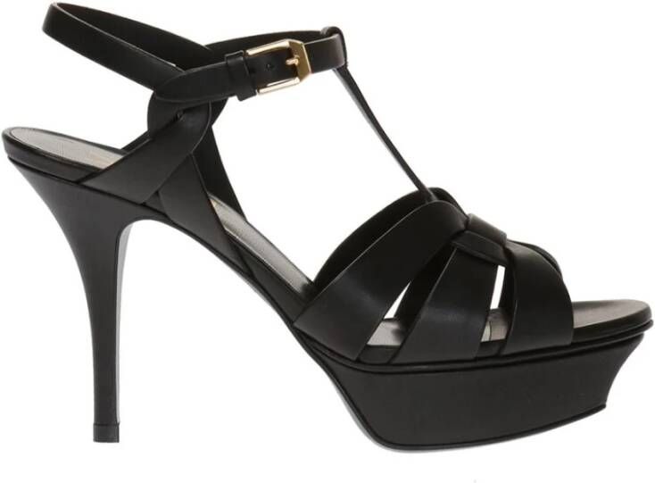 Saint Laurent Zwarte Leren Hoge Hak Sandalen Black Dames