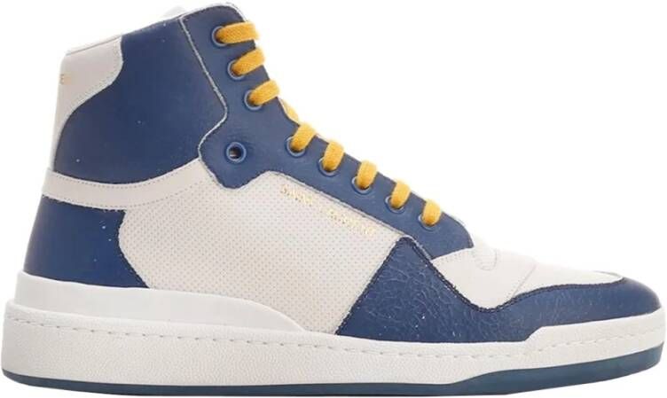 Saint Laurent Blauwe Kalfsleren Mid Top Sneakers Blauw Heren